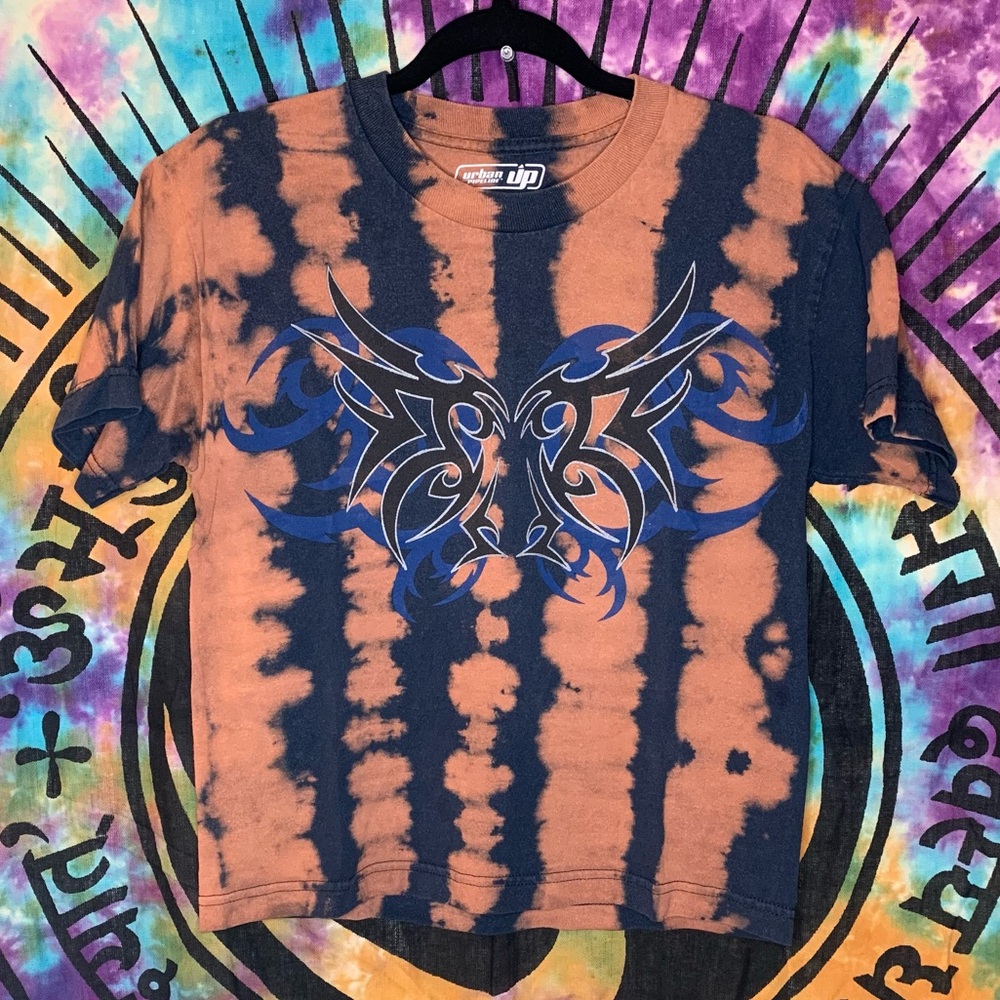 Urban Pipeline Bleach Dyed T-shirt Y2K OOAK Rainbow Soul Remix Size M Blue/Black